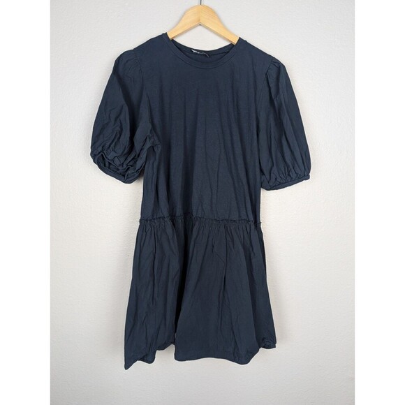 Zara Mini Dress in Dark Blue Size Large Balloon Sleeves Contemporary 139 - Picture 1 of 8
